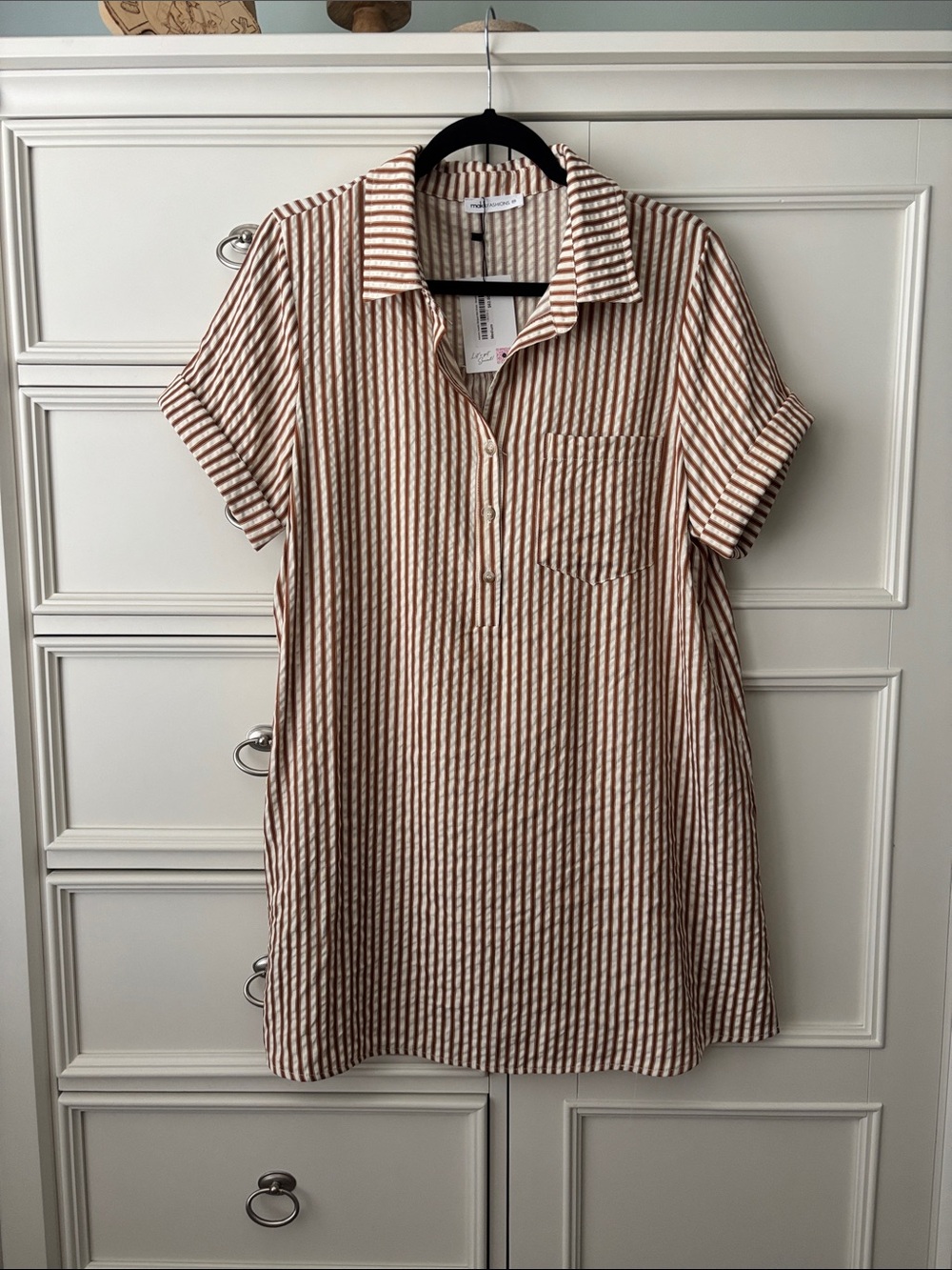 Striped Short-Sleeve Shirt Dress in Brown and Cream